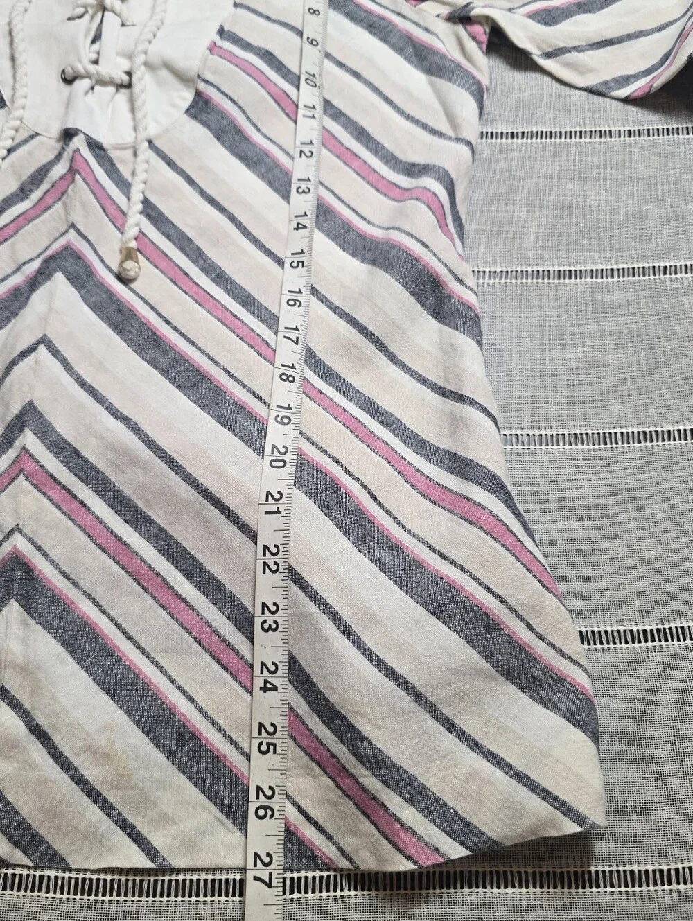 Tory Burch Linen Tunic Top Sz 12 Striped Lace Up Neck Long Sleeve Beach Resort